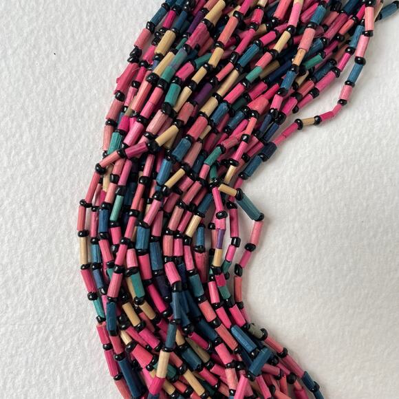 Hippy Boho Vintage Multi Strand Bamboo Bugle Bead Ethnic Statement Necklace Wood - Picture 4 of 4